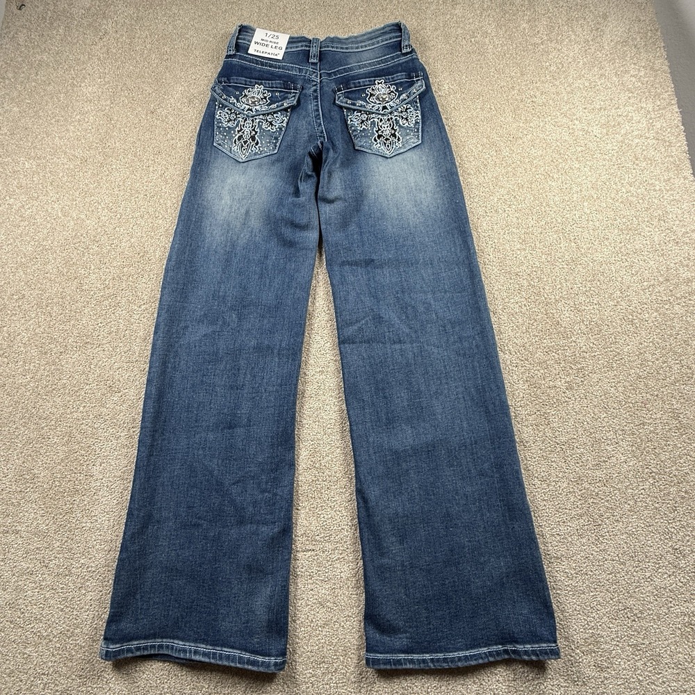 Telepatia Juniors 1/25 Mid Rise Wide Leg Jeans Rhinestone Embroider Pockets - Picture 4 of 10